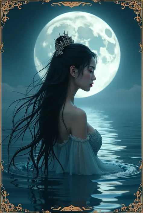 korean woman, Medium Term, In the middle of the sea, Moonlight reflecting on the water surface, Beautiful hair color, see the horizon, crescent moon, High quality, sharp line, ((ขอบTarot cardsห์)), ((Tarot cards)), ((rose pattern moon)), big moon, vampire,...