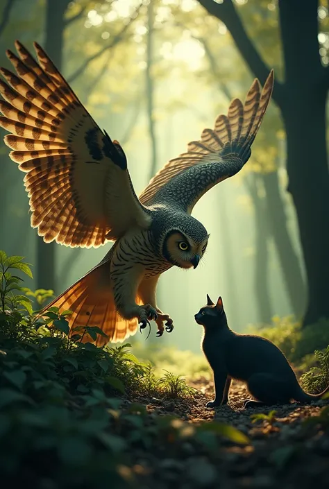 owl fights cat，in woods，Inverted image，depth of fields，Works of masters，super-fine，Hyper-realistic，8K，The highest image quality，Detailed description