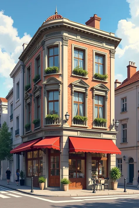 building of a beautiful cafe classic in 2 point perspective full picture 