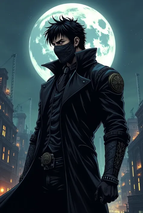 Masterpiece, 8K Resolution, Dishonored character, Corvos mask, Steampunk style, Standing and looking on the roof of the bell tower and Show the runes on the back of your hand, Background of Dunwall city, Perfect Full Body, Portrait, Anime illustration, Act...