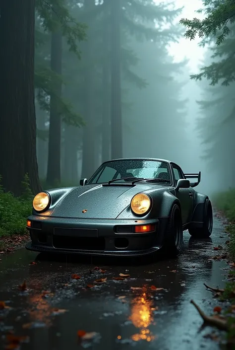 A modified Porsche parked sidewise  in a forest in rain and fog 