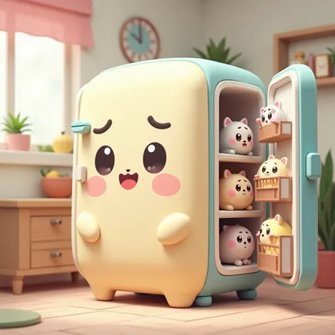 a talking fridge kawaii style, in the fridge a few kawai style animals 