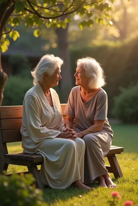 Humanistic grandmother wearing silk wear with short white hair and a woman who is 30years with long white hair wearing casual wear. Show them sitting on a bench. Background backyard of a house, daylight. It should be realistic, cinematic style, highly deta...