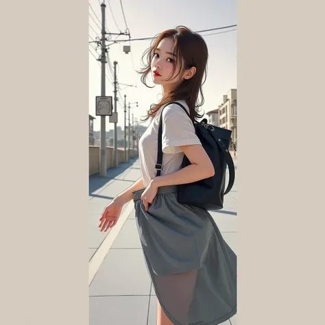 ((Skirt twisting)）、pantie shot、wearing white short-sleeved shirt and grey cotton drill mini skirt, sexy butt, K-pop idols、Highly detailed white skin、Beautie、One woman、18-years old、Brown long windy wavy hair、middlebreasts、perfectly proportions、on sidewalk, ...