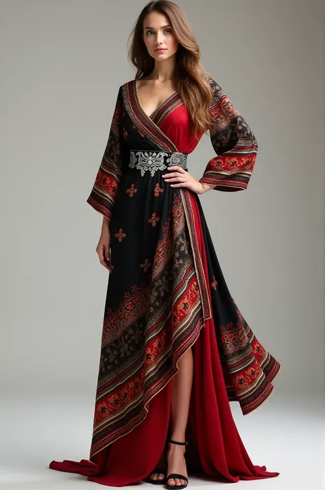 Design a modern female outfit inspired by traditional Macedonian dress, blending rich cultural elements with contemporary fashion. The design should feature vibrant patterns and intricate embroidery commonly seen in Macedonian folk attire, incorporating el...