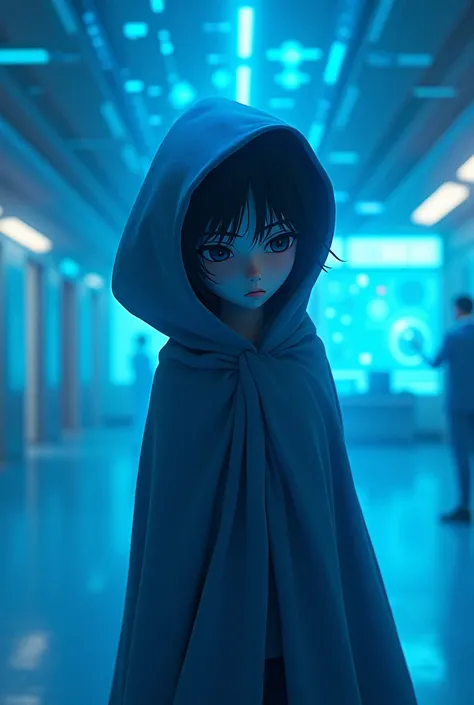 A child covered in a cloak and sad air, beautiful blue colors surrounded by 3D icons, futuristic UI and virtual landscape, influenced by Deviantart anime and Ghost in the Shell, Camera: Persons Point of View, Lens: Hospital, Display Style: Isometric Assets...