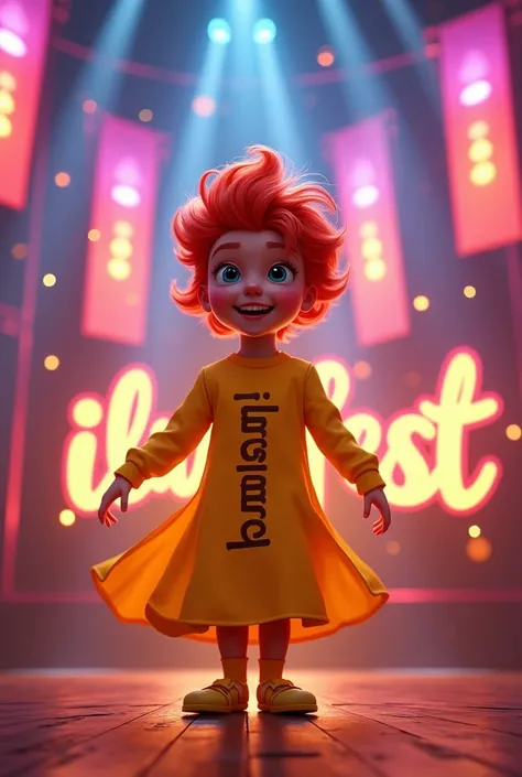   redhead with yellow clothes and show lights around him with the words ilumifest written on the back Disney Pixar 