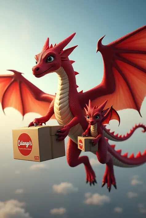 Realistic image of a large red dragon accompanied by a baby dragon,both flying side by side,each carrying a hamburger delivery,whose hamburger packaging has CALANGO&#39;S written very clearly. The adult dragon carries a large package, but not exaggerated,w...