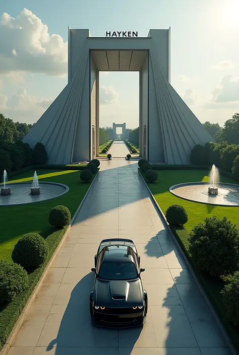 Bird eye view of a building of"L" shape,a wide green area with fountains and three, a car parcking, a highway road in front of the building,Dodge challenger hell cat in front of the bulding, write boldly "HaYKEN" on the Top frame of the interance