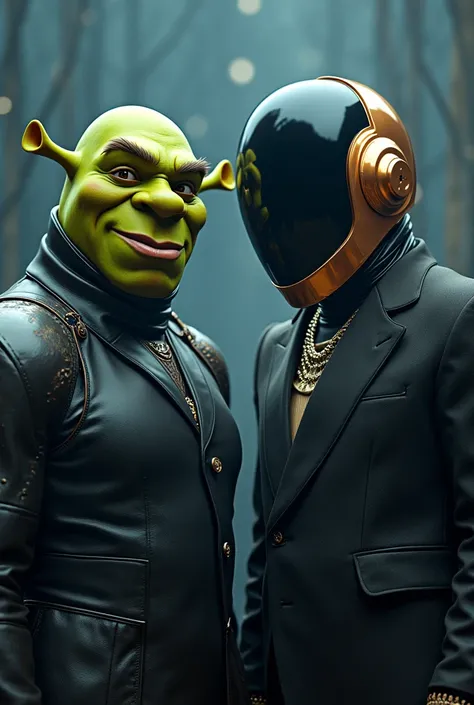 A picture of both Daft Punk members taking their helmets off revealing they are Kanye and Shrek