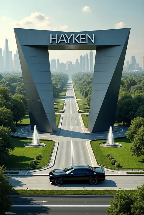 Bird eye view of a building of"L" shape,a wide green area with fountains and three, a car parcking, a highway road in front of the building,Dodge challenger hell cat in front of the bulding, write boldly "HaYKEN" on the Top frame of the interance