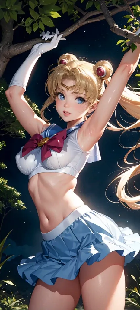 masterpiece, The best quality, 1girl,Tsukino Usagi, forest background, gloves, breasts, blush, TURN ON, shiny skin, lips, Bedroom, showing armpits and pussy half naked, blue mini skirt, smiling, blonde girl. Sexy pose. No bra. Showing breast. Wallpaper.