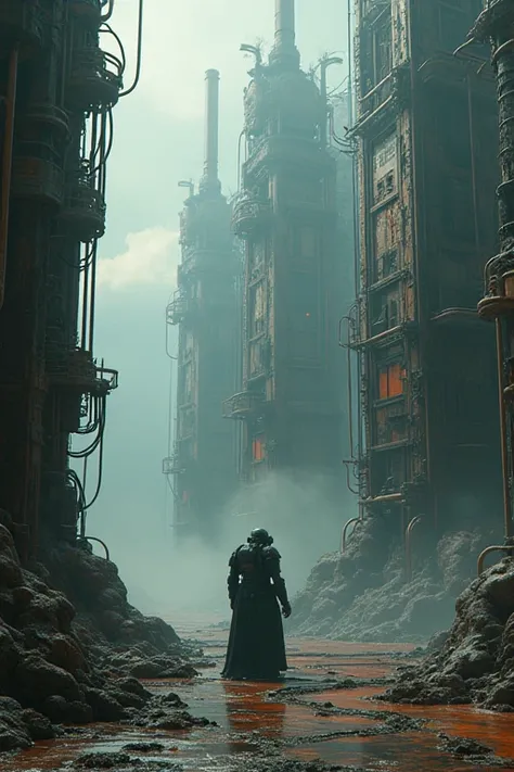 A photo of a cyberpunk landscape,a landscape with metallic structures,a landscape full of analogic datacenter, a plain full of tubes cables and computational machines,Adeptus Mechanicus, Warhammer 40k,an imponent gothick dieselpunk server, cyber fantasy go...