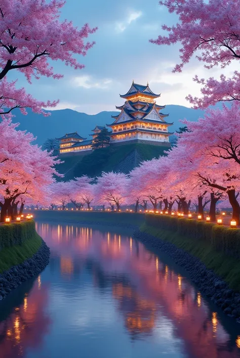 This image captures a serene evening scene at a traditional Japanese castle surrounded by a vibrant bloom of cherry blossoms (sakura). The pink and white blossoms create a dreamy canopy over a calm river, which reflects the illuminated trees and castle. Th...