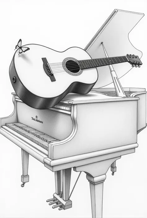 A pencil drawing of a guitar on a piano with a small butterfly next to it 


