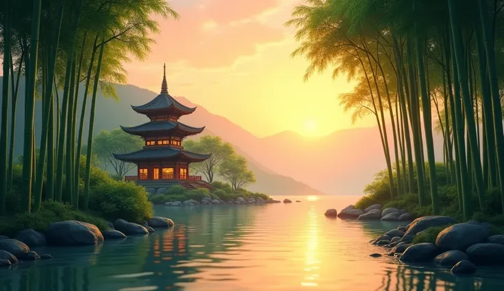 Create a serene and tranquil background image for a video with a Buddhist theme. The scene features a traditional Buddhist temple positioned on one side of the image. In the foreground, place tall bamboo trees on either side of the temple, creating a natur...