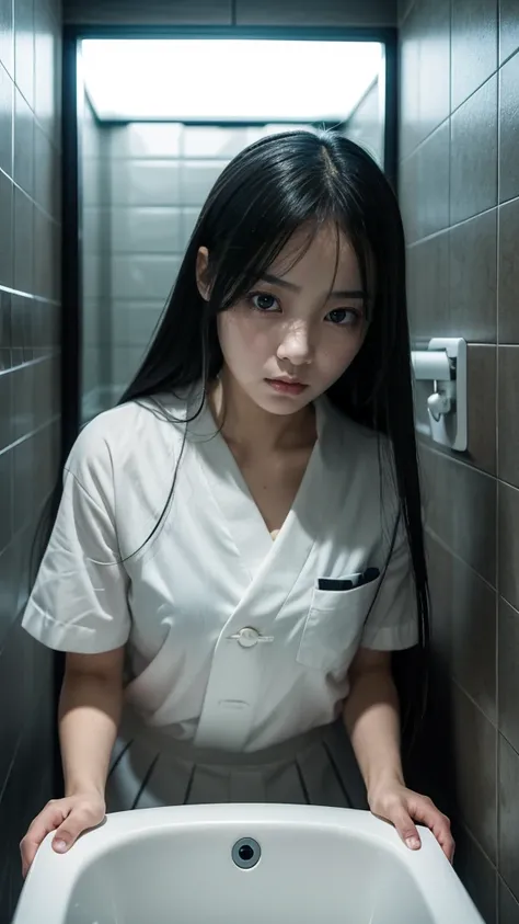 堅実  
Create an ultra-realistic 8K resolution image of an ultimate horror character based on "Toire no Hanako-san" (Hanako of the Toilet), preserving her core visual traits as a Japanese girl. Her skin is ghostly pale, almost translucent, with an eerie glow...