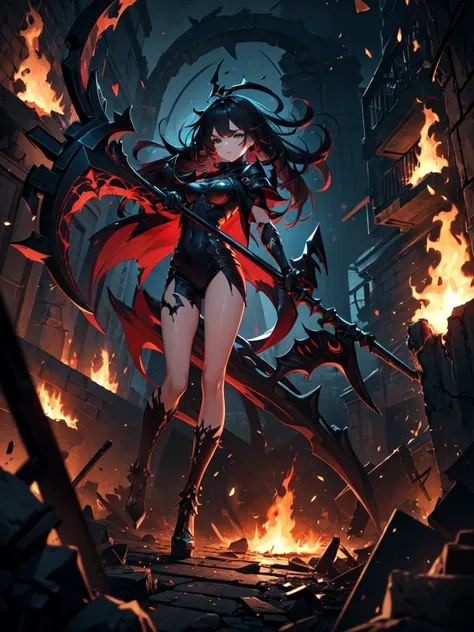 (((masterpiece, best quality, high detailed, 16k))) (1girl) A terrifyingly powerful demoness with dark, shadowy hair that writhes like tendrils of pure chaos, and eyes that burn with the fires of annihilation. Her armor is made from shattered fragments of ...