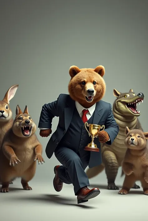 Brown bear in a suit holding a trophy running away 1 Rabbit 1 Wolf 1 Alligator 1 Scared Farmer, with a gray background
