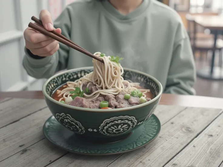 Draw a Chinese teenager eating beef noodles with this bowl