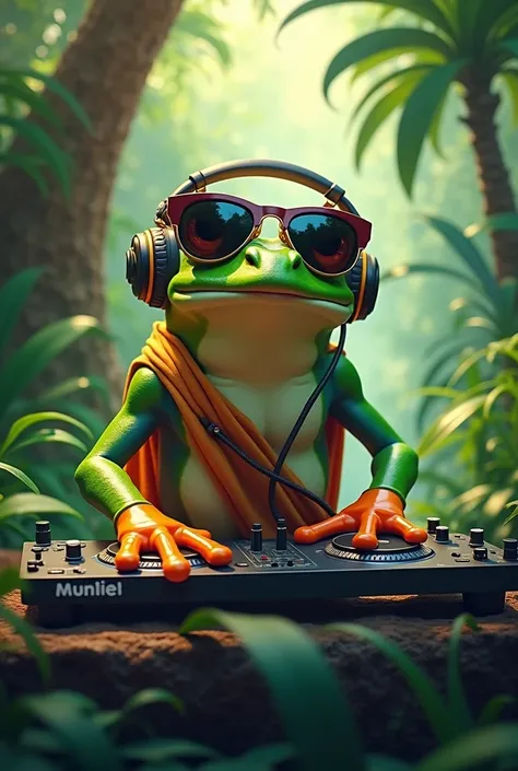 A frog DJ with sunglasses, headphones and a toga in the middle of the jungle