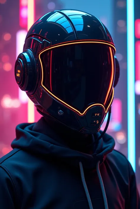 "Create a portrait of a futuristic figure wearing a spacepunk helmet, where the face is completely hidden behind dark plexiglass, illuminated by vibrant LED lights in various neon colors. The helmet should have sleek, angular lines with glowing elements, g...