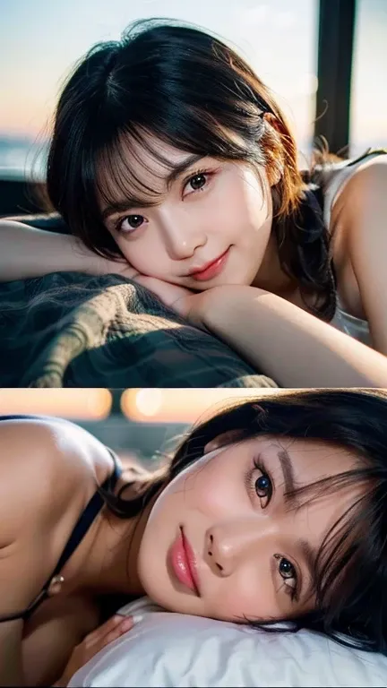 (Highest quality,8k,masterpiece:1.3,),(Ultra-high resolution,Realistic:1.4,RAW Photos),(Very detailed,Caustics),(Natural skin texture,Healthy skin color),[roller:Shiita Keai:0.4],[roller:flat2:0.4],bed,blanket,(Sleeping on your stomach),1,cute,Black Hair M...