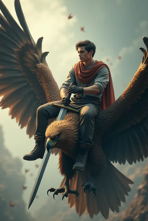 A young man holding a sword sitting on an eagle 4D