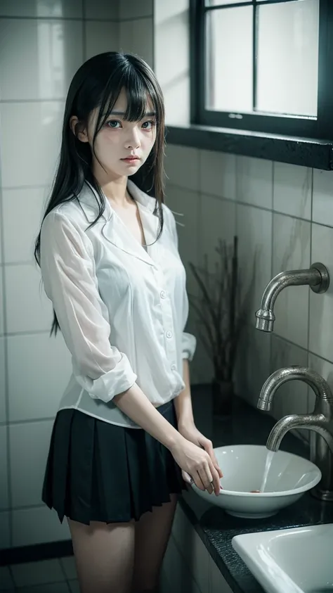 **美**  
"Create an ultra-realistic 8K resolution image. ultimate horror version of Toire no Hanako-san, preserving her iconic ghostly features with heightened terror. She appears as a Japanese schoolgirl, her long, disheveled black hair hanging over her fa...