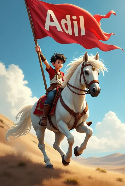 A boy is sitting on a horse and the horses colour is white and the boy has a flag in his hand and the word ADIL is written on that flag