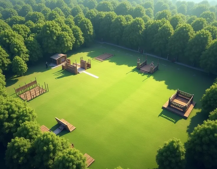 A training field, open field, large green lawn surrounded by tall, large trees providing shade, obstacle course, targets for archery, and a wooden ring and dummies for physical combat, just the landscape 