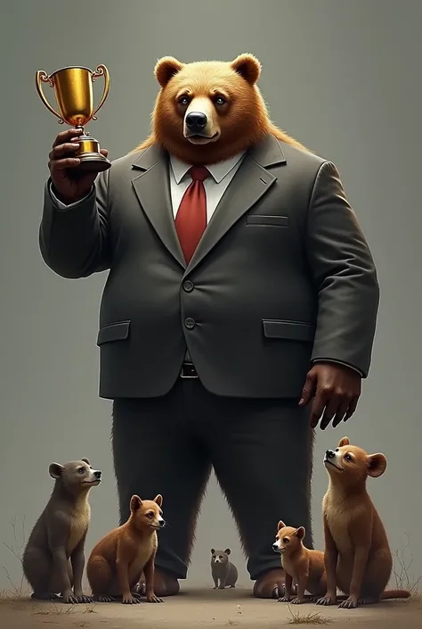 Brown bear in suit holding a trophy scaring 1 Rabbit 1 Wolf 1 Alligator 1 and Farmer , with a gray background
