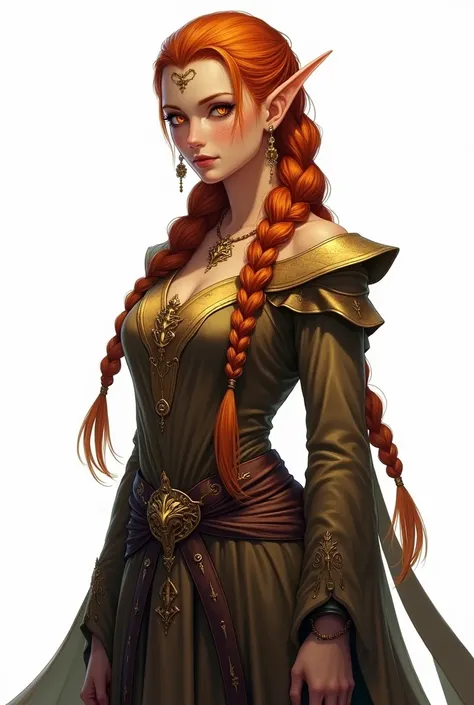 Drawing of a female High Elf, young adult, with masculine appearance, copper colored braided hair, with gold ornaments, golden eyes and tanned skin, freckles on the face, in wizard clothes. Standing showing the entire body and white background