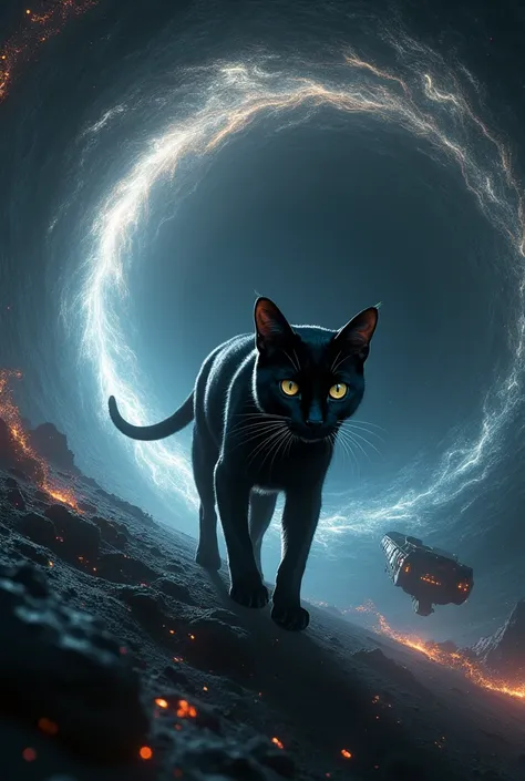 Black cat is in black hole with spaceship, itersteller, detailed , 