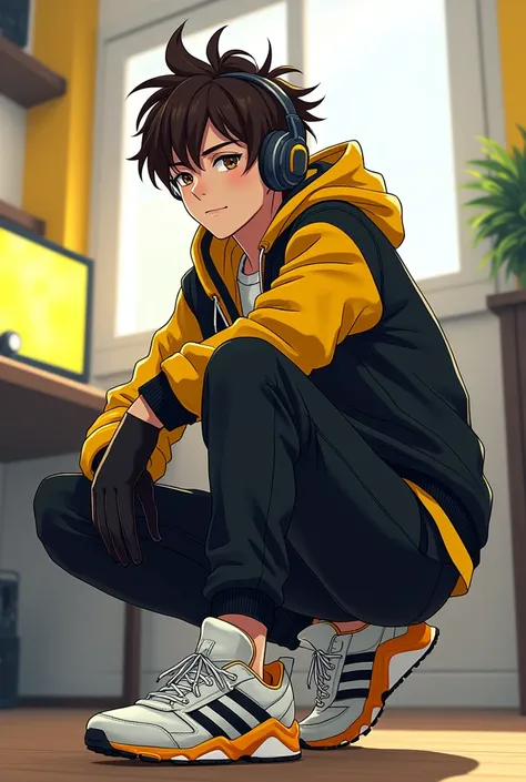 Teenage boy with black and yellow jacket with headphones brown hair with dark quiff black pants white and yellow gamer bedroom background brown eyes white skin black gloves black adidas shoes anime style