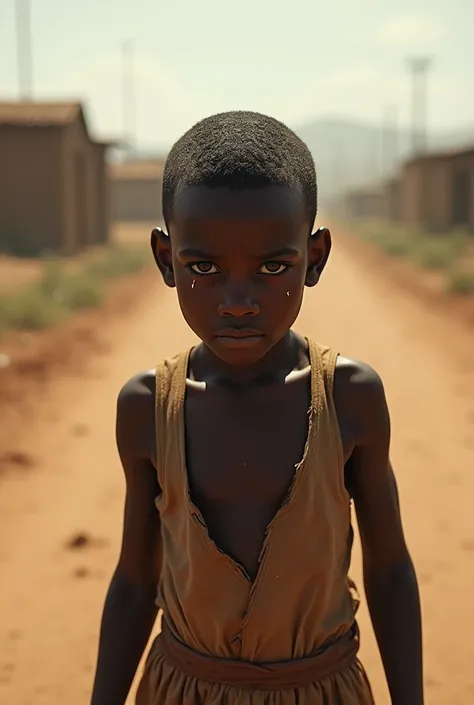 Very black ethiopian boy crying and walking on the road