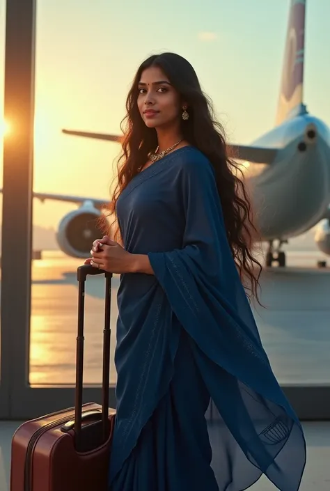 Bengali girl in deep blue saree, leaving Bangladesh to a dream country, airport, in front of aeroplane, passport and in hand, luggage in other hand, sunrise moment,long hair 