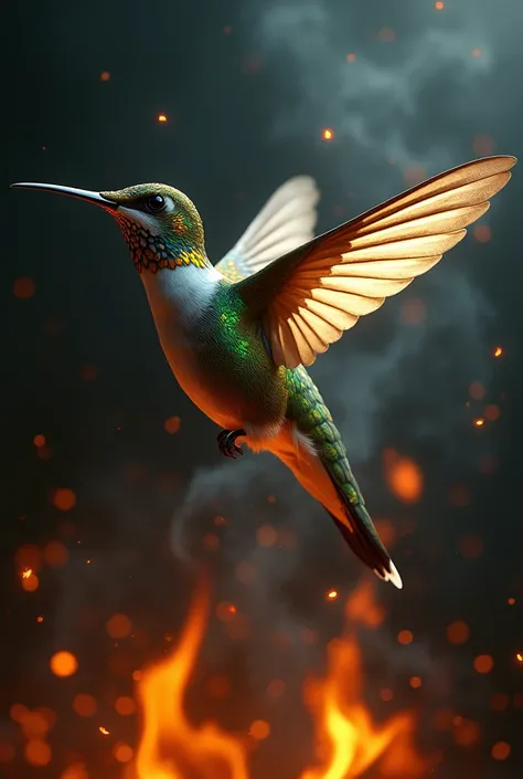  a hummingbird flying out of the darkness and fire into light