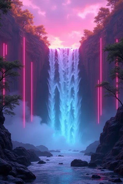 Waterfall with yellow neon 