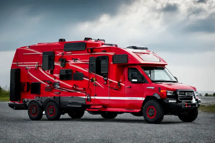 a lone future survivor rv, motorhome, highly detailed photographic image, vivid colors, red, green, blue, yellow, intense contra...