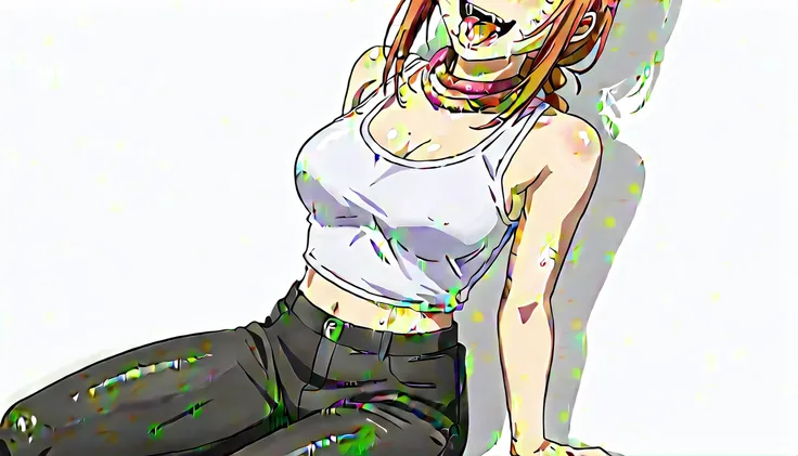 makima | Chainsaw Man| big sized breasts, wearing a skintight blacktanktop , in pantyhose, eyes roll back, choking herself hard, open mouth, long tongue, big thick thighs, thick hips, splitting legs while sitting, evil grin, ganzkörper aufnahme
