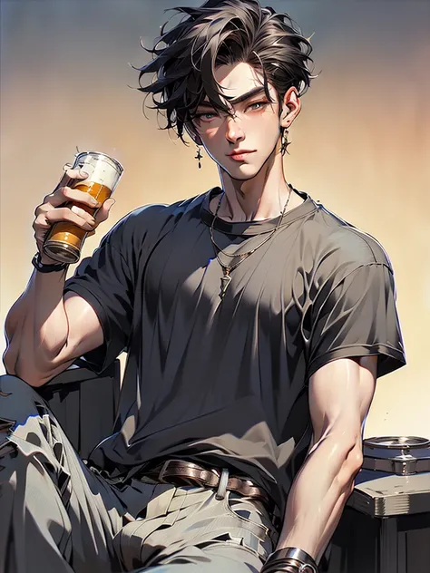 A handsome man with a good figure sitting holding a beer can, very handsome, white skin, Chinese-Western style, has a tattoo on his elbow, wearing a black T-shirt and jeans.