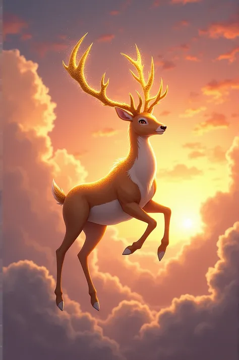 Golden flying deer anime style, evening 