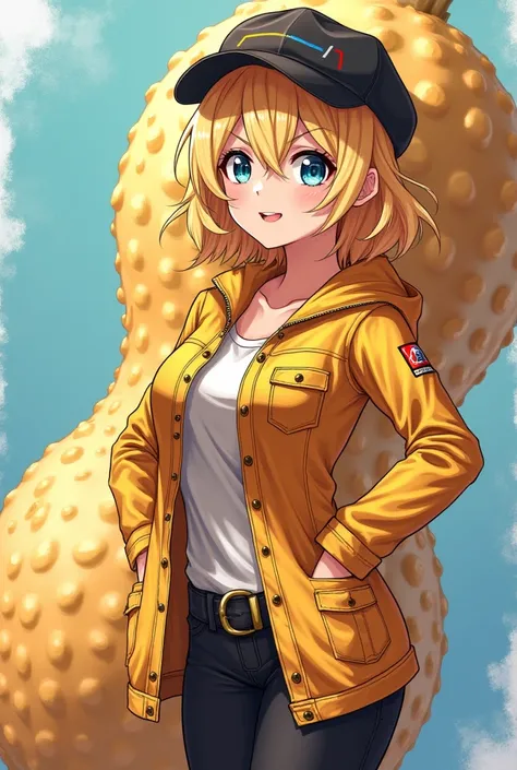 A unique fusion of anime characters, featuring Cynthia and Mr. Peanut. Cynthia is shown with blonde hair, a stylish outfit, and her signature sunglasses. She is fused with Mr. Peanut, who has an anime-style design, wearing a peanut-shaped hat and having a ...