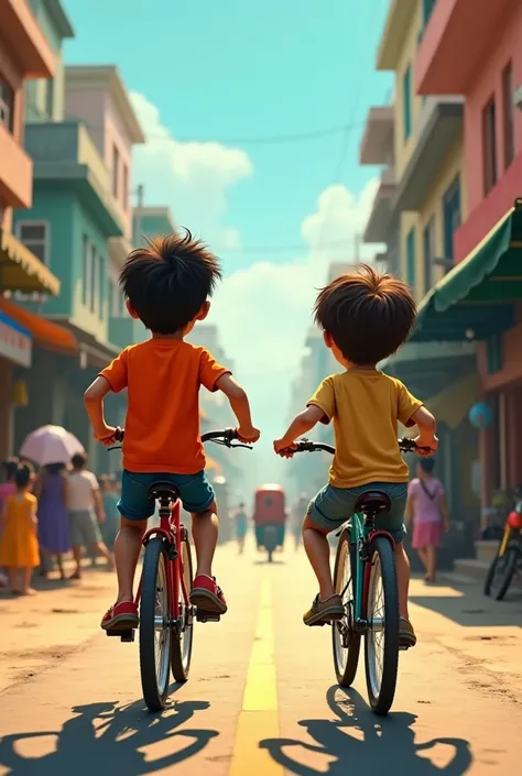 Two boys riding bicycles in India. One boy a bit chubby and the other one lean. Picture clicked from behind.