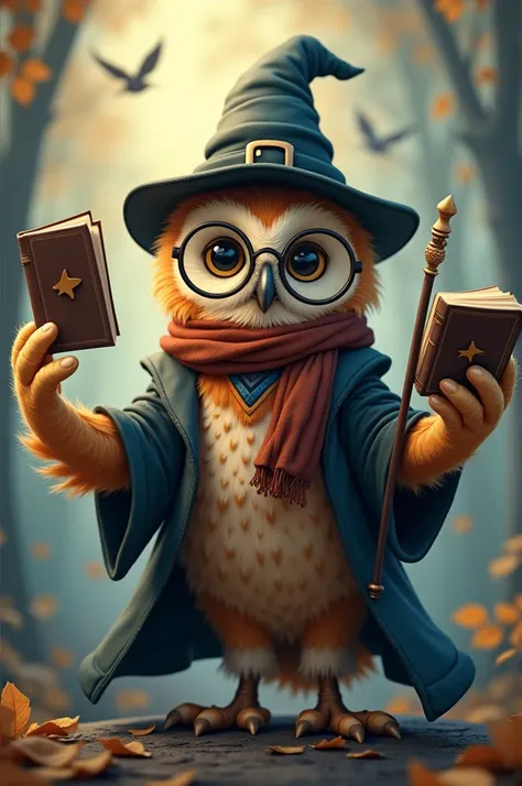 Owl,witch hat,round glasses,magic book on right wing,magic stick on left wing,scarf on neck,harry potter clothes,anime style