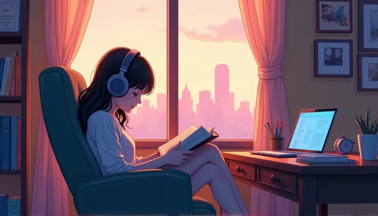 Lo-Fi、Girl sitting on a chair wearing headphones、Girl studying in room, Reading a book, city view from the window、evening、pastel colour、Painting Cartoon character sitting at a desk with a laptop wearing headphones, LOFI Girl, Lofi Artstyle, satoshi kon art...