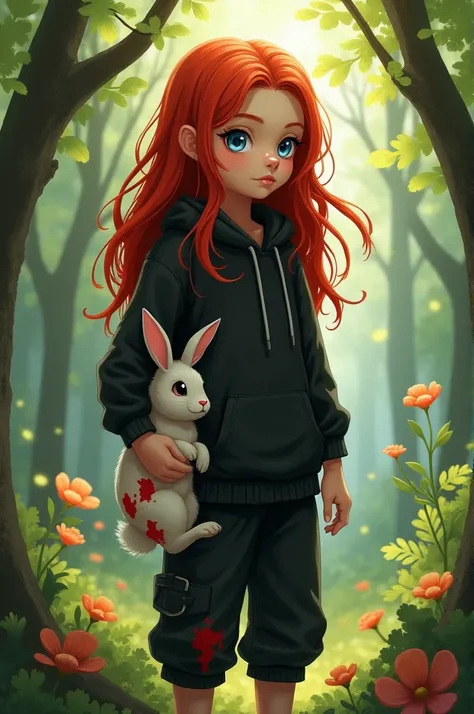 A little white-skinned girl with sky-blue eyes and long wavy red hair, He wears modern black clothes and is in the woods, He has red paint stains on his clothes and a rabbit in his hand, He has a serious look 