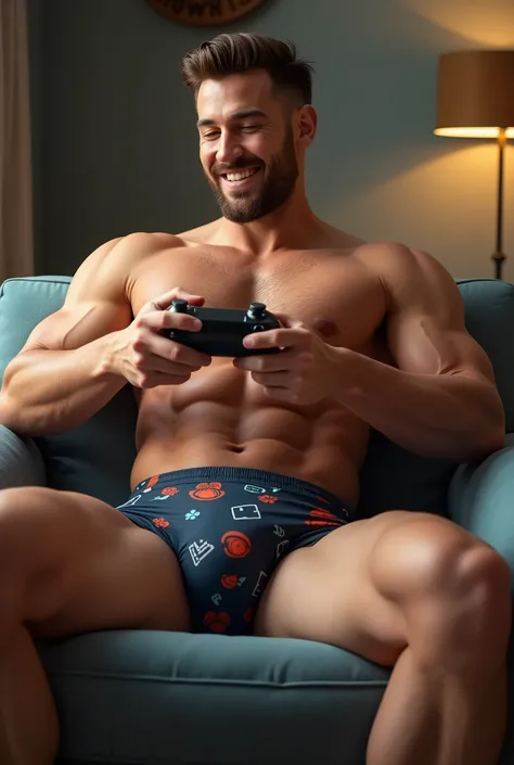 Sexy athletic man in underwear with a big bulge in his crotch. Man with a big bulge in his crotch. Man in men&#39;s underwear. Man in tight underwear. Man sitting on a couch playing video games. Sexy man holding an xbox controller. Man with a big bulge in ...