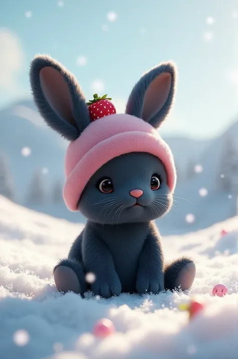 A dark bunny plushie sitting wearing a cute strawberry hat with a white landscape 